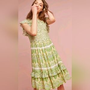 Anthropologie Varun Bahl Size 16 Lanai Beaded Dress Green Indian Sari Style